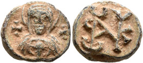 Uncertain, 6th century. Seal (Lead, 14 mm, 3.44 g, 12 h). The Mother of God holding infant Christ, both nimbate; cross to her left and right. Rev. Blo...