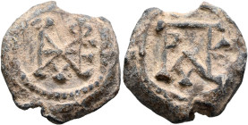 Euphemianos, 6th century. Seal (Lead, 23 mm, 11.57 g, 12 h). Block monogram EVΦHMIANOV. Rev. Uncertain block monogram. Unpublished in the standard ref...