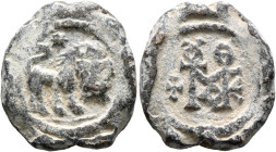 Uncertain, 6th century. Seal (Lead, 20 mm, 8.05 g, 12 h). Lion standing right, head facing; in upper field, star. Rev. Uncertain monogram M, A, T, C, ...