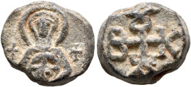 Iakobos (Jacob), 6th century. Seal (Lead, 15 mm, 5.50 g, 12 h). The Mother of God holding infant Christ, both nimbate; cross to her left and right. Re...
