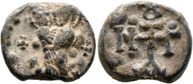 Martinos, 6th century. Seal (Lead, 16 mm, 4.88 g, 12 h). The Mother of God standing to left, holding infant Christ, wearing nimbus cruciger, on her ri...