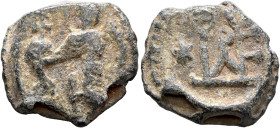 Desiderios, 6th century. Seal (Lead, 18 mm, 4.80 g, 6 h). Angel, nimbate, standing left, holding globus cruciger. Rev. Block monogram ΔECIΔΕPIOV, star...