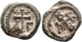 Iakobos (Jacob), 6th century. Seal (Lead, 15 mm, 4.45 g, 12 h). A-Γ Cross. Two small crosses in the top quadrants. Rev. Cruciform monogram IAKOBOV. Un...