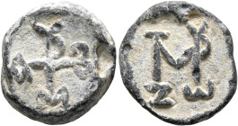Abramios, meizoteros (?), 6th century. Seal (Lead, 17 mm, 6.18 g, 12 h). Cruciform monogram ABPAMIOV. Rev. Block monogram MIZⲰT(E)POV (?). Unpublished...