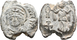 Justin II, 565-578. Seal (Lead, 21 mm, 7.78 g, 12 h). [DN IVSTI]NVS PP AV Draped facing bust of Justin II, wearing helmet with diadem, trefoil ornamen...