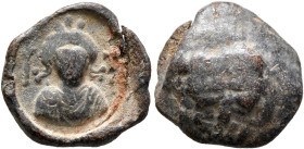 Anonymous, circa 6th-1st half of 7th century. Seal (Lead, 15 mm, 4.12 g), imperial. Facing imperial bust wearing chlamys, wearing crown with trefoil a...