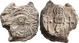 Maurice Tiberius, 582-602. Seal (Lead, 25 mm, 9.55 g, 12 h). The Mother of God standing facing, holding Christ before her; to left and right, cross. R...