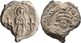 Maurice Tiberius, 582-602. Seal (Lead, 21 mm, 7.98 g, 12 h). The Mother of God standing facing, holding Christ before her; to left and right, cross. R...