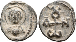 Johannes, 6th-7th centuries. Seal (Lead, 16 mm, 2.41 g, 12 h). The Mother of God holding infant Christ, both nimbate. Rev. Cruciform monogram IⲰANNOV....