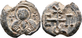Petros, 6th-7th centuries. Seal (Lead, 22 mm, 8.23 g, 6 h). The Mother of God holding infant Christ, both nimbate; cross to her left and right. Rev. C...