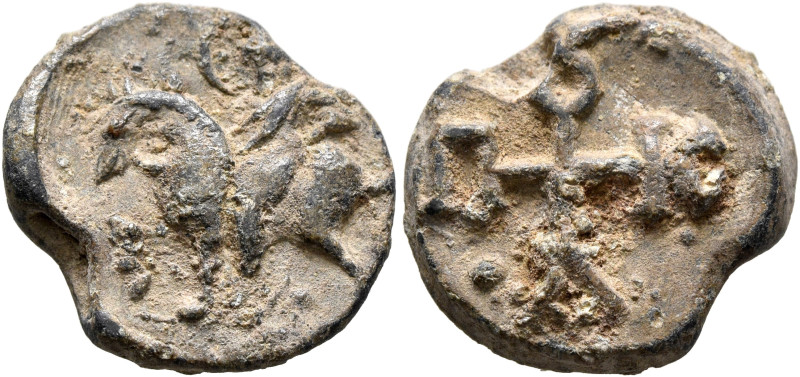 Paulikios, 6th-7th centuries. Seal (Lead, 18 mm, 5.26 g, 12 h). Military saint, ...