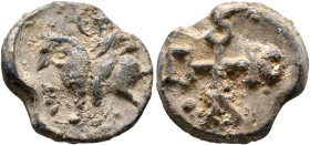 Paulikios, 6th-7th centuries. Seal (Lead, 18 mm, 5.26 g, 12 h). Military saint, nimbate, riding on horseback to left. Rev. Cruciform monogram ΠAVΛIKIO...