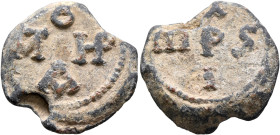 Uncertain, 6th-7th centuries. Seal (Lead, 22 mm, 9.23 g, 12 h). Greek letters MΠ, O[V], HP and A arranged in the form of a cross. Rev. Latin letters m...