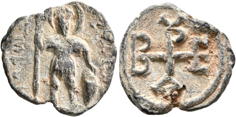 Belisarios, 6th-7th centuries. Seal (Lead, 20 mm, 6.29 g, 12 h). Saint Theodore,...