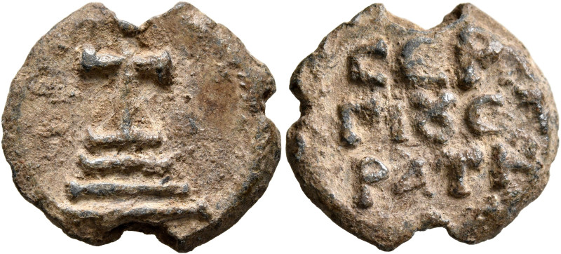 Sergios, stratelates, 6th-7th centuries. Seal (Lead, 20 mm, 5.12 g, 12 h). Cross...