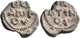 Theodoros, palatinos, 6th-7th centuries. Seal (Lead, 20 mm, 5.98 g, 12 h). ΘЄO/ΔⲰP/OV in three lines. Rev. ΠA[Λ]/ATIN/OV in three lines. Laurent, Orgh...