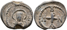 Marianos, 6th-7th centuries. Seal (Lead, 22 mm, 8.70 g, 12 h). The Mother of God holding infant Christ, both nimbate; cross to her left and right. Rev...