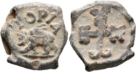 Uncertain, 6th-7th centuries. Seal (Lead, 19 mm, 6.80 g, 12 h). TOPIA Bear running left, . Rev. Uncertain cruciform monogram. Unpublished in the stand...
