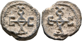 Theodosios, 6th-7th centuries. Seal (Lead, 20 mm, 5.82 g, 12 h). Cruciform monogram ΘEOΔOCIOV within wreath. Rev. Cruciform monogram ΘEOΔOCIOV within ...