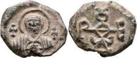 Theodoros, 6th-7th centuries. Seal (Lead, 24 mm, 11.32 g, 12 h). The Mother of God holding infant Christ, both nimbate; cross to her left and right. R...