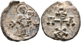 Paulos, chartoularios, 6th-7th centuries. Seal (Lead, 19 mm, 5.30 g, 12 h). The Mother of God 'Hodegetria', nimbate, wearing chiton and maphorion, sta...