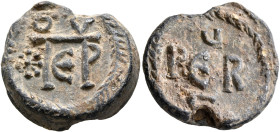 Petros, 6th-7th centuries. Seal (Lead, 21 mm, 9.81 g, 12 h). Block monogram ΠЄTPOV. Star in left field, all within wreath. Rev. PЄTRЧ arranged in the ...
