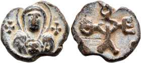 Theophilos, 6th-7th centuries. Seal (Lead, 18 mm, 5.26 g, 12 h). The Mother of God holding infant Christ, both nimbate; cross to her left and right. R...