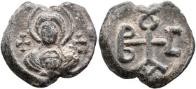 Blasios (?), 6th-7th centuries. Seal (Lead, 21 mm, 7.03 g, 12 h). The Mother of God holding infant Christ, both nimbate; cross to her left and right. ...