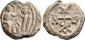 Konstantinos, 6th-7th centuries. Seal (Lead, 23 mm, 9.39 g, 6 h). The Women at the Tomb or the Myrrh Bearers: in the center, the empty tomb of Christ ...