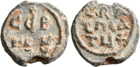 Sergios, stratelates, 6th-7th centuries. Seal (Lead, 21 mm, 9.26 g, 12 h). CЄP/ΓI૪ in two lines, star above. Rev. Latin legend [+S]/TRA/ThLA/TЧ+ in th...