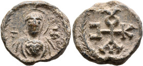 Isaakios (Isaac), 6th-7th centuries. Seal (Lead, 17 mm, 5.72 g, 12 h). The Mother of God holding infant Christ, both nimbate; cross to her left and ri...