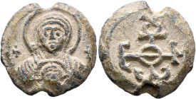 Uncertain, 6th-7th centuries. Seal (Lead, 20 mm, 9.41 g, 12 h). The Mother of God holding infant Christ, both nimbate; cross to her left and right. Re...