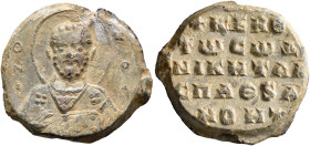 Niketas, protospatharios and pronoetes, middle 11th century. Seal (Lead, 22 mm, 9.38 g, 12 h). Θ / N/I-K/O/Λ, Nimbate facing bust of Saint Nicholas, r...