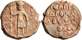 Johannes, protoproedros and doux of Antioch, mid 11th century. Seal (Lead, 29 mm, 15.53 g, 12 h). [O AΓI]O, - Θ/Є/O/ΔⲰ/P, Saint Theodore, nimbate, sta...
