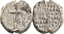 Philaretos Brachamios, sebastos and domestikos of the eastern regiments, circa 1070-1080. Seal (Lead, 27 mm, 16.64 g, 12 h). Saint Theodore, nimbate, ...