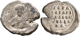 Leon Kouloukes, 2nd half of 11th century. Seal (Lead, 26 mm, 10.17 g, 12 h). Θ / N/I... Nimbate facing bust of Saint Nicholas, raising his right hand ...
