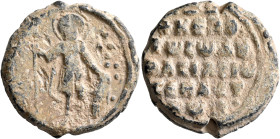 Basileios, sebastos, last quarter of 11th century. Seal (Lead, 28 mm, 20.01 g, 12 h). [O AΓIO,] - Θ/ЄO/Δ/OP/O, Saint Theodore, nimbate, standing facin...
