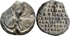 Gregorios, doux, late 11th-early 12th century. Seal (Lead, 29 mm, 17.33 g, 11 h). Θ / ΘЄ/O-Δ/Ⲱ/PO, Nimbate bust of Saint Theodore facing, holding spea...