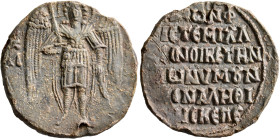 Michael Alethinos, 13th century. Seal (Lead, 34 mm, 22.26 g, 12 h). M - [X] The archangel Michael standing facing, nimbate and dressed as a general, h...