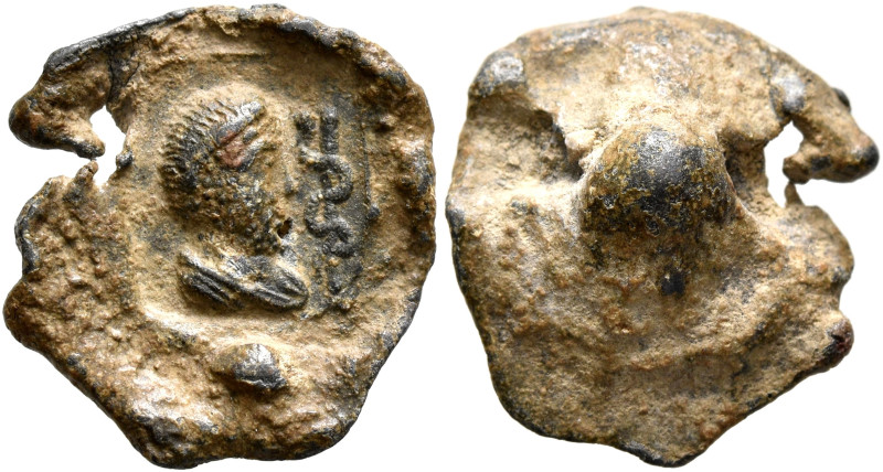 Anonymous, 3rd century. Seal (Lead, 17 mm, 3.43 g). Draped bust of Asclepius to ...