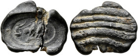 Anonymous, 3rd century. Seal (Lead, 16 mm, 1.56 g). Mouse standing right in biga of roosters to right. Rev. Wood imprint. Unpublished in the standard ...