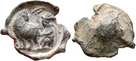 Anonymous, 3rd century. Seal (Lead, 16 mm, 1.96 g). Shepherd seated to left, milking a goat, standing to left, head looking back; to right, tree, with...
