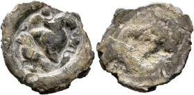 Anonymous, 3rd-1st half of 4th century. Tessera (Lead, 19 mm, 3.29 g). Eros riding gryllus right; to left, below, bird standing left, with a crescent ...