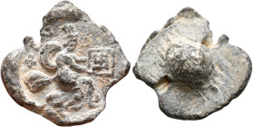 Phrygia (?), 3rd-4th centuries. Seal (Lead, 19 mm, 3.91 g). ΦPV Tyche (or Phrygia?), wearing mural crown, advancing right with billowing drapery behin...