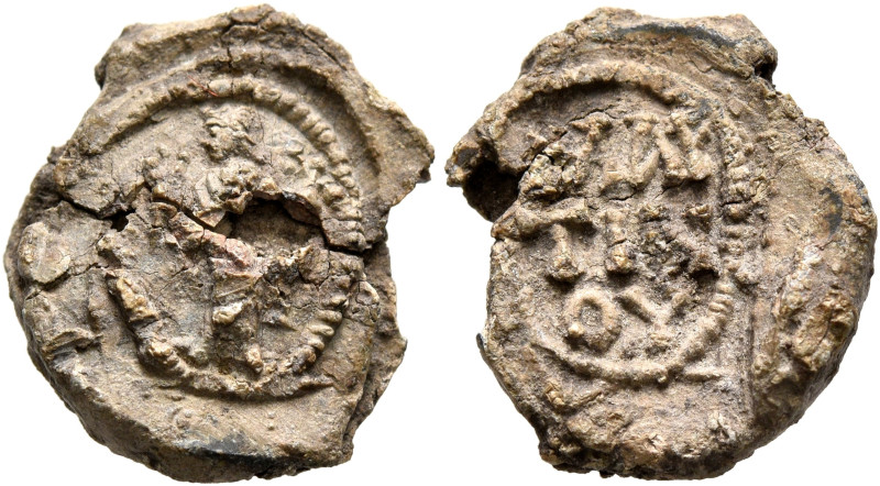 Martinos, 4th century. Seal (Lead, 16 mm, 2.91 g, 12 h). Female figure standing ...