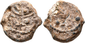 Anonymous, 4th-5th centuries. Seal (Lead, 15 mm, 4.12 g, 12 h). Menorah. Rev. Lulav (?). Unpublished in the standard references, but cf. Boersema/Dalz...