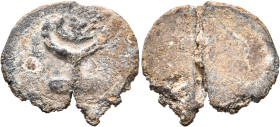 Anonymous, 4th-5th centuries. Seal (Lead, 23 mm, 5.69 g). Menorah. Rev. Blank. Unpublished in the standard references, but cf. Boersema/Dalzell, Vosse...