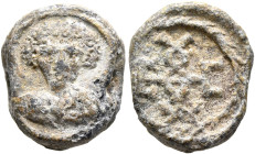Uncertain, circa 550-650. Seal (Lead, 16 mm, 5.51 g, 12 h). Draped bust of a young man facing, with short hair. Rev. Cruciform monogram E, ૪, E, Θ, C,...