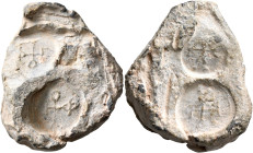 Uncertain, circa 550-650. Test Boulloterion (Lead, 42 mm, 70.14 g). Two test strikes of a boulloterion die with a cruciform monogram. Rev. Two test st...