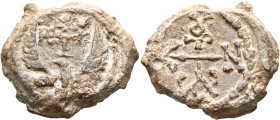 Konstantinos, circa 550-650. Seal (Lead, 24 mm, 12.79 g, 12 h). Large cruciform monogram ΘЄOTOKЄ BOHΘЄI Eagle standing right, head left and wings spre...